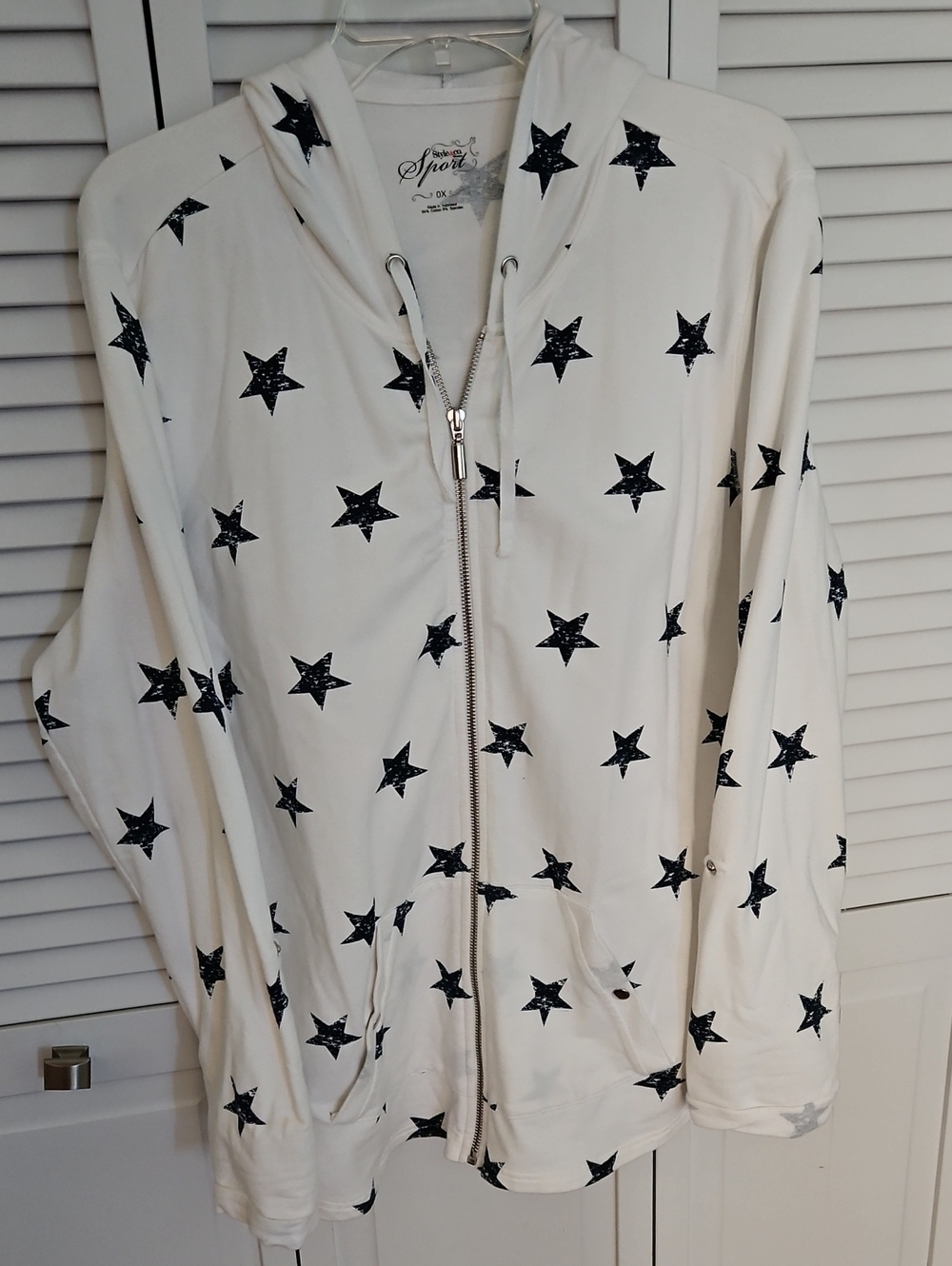 STYLE &CO Sporty Star Print Zip-Up Hoodie in White W/Navy Stars Sz 0X